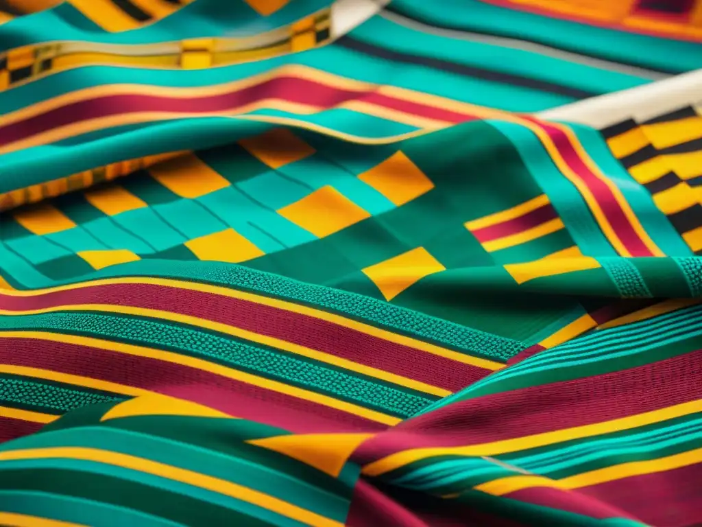 Detalle de tejido Kente de Ghana con colores vibrantes y patrones geométricos, reflejo de la influencia del diseño de textiles africanos