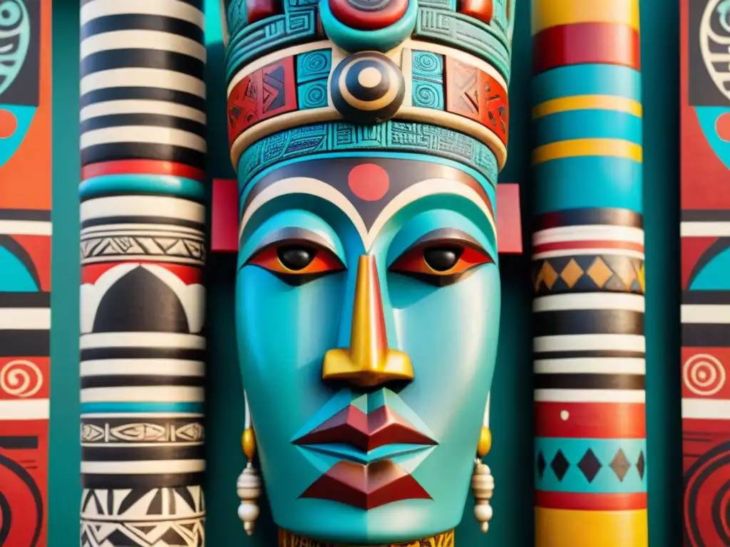 Arte africano: Totems tallados con detalle y color vibrante Detalle de totems tallados en madera con vibrantes colores, resaltando el significado espiritual de los totems en el arte africano