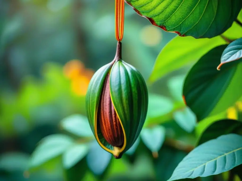 Detalle de una vaina de cacao en un bosque africano, reflejando la influencia africana en repostería mundial