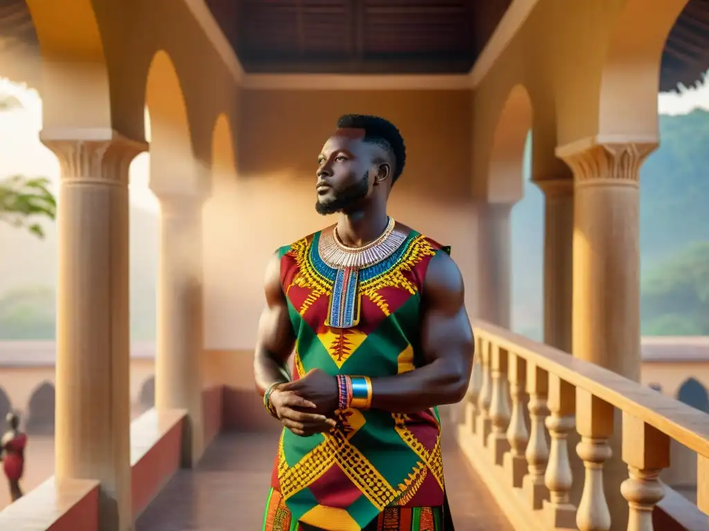 Detalle vibrante de la arquitectura palacios Asante en Ghana con telas Kente y tallas de madera