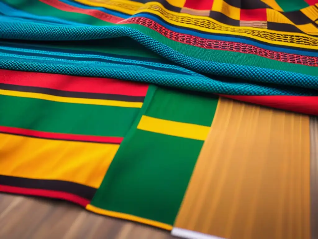 Detalle vibrante del arte textil civilizaciones africanas: intrincados patrones geométricos y colores intensos en un Kente cloth de Ghana