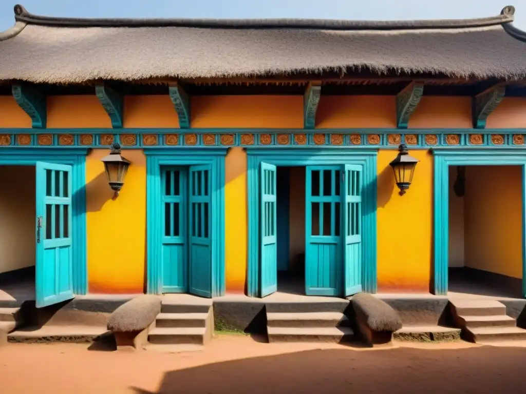 Detalle vibrante de casas palaciegas de Camerún, con tallados y techo de paja bajo el sol africano