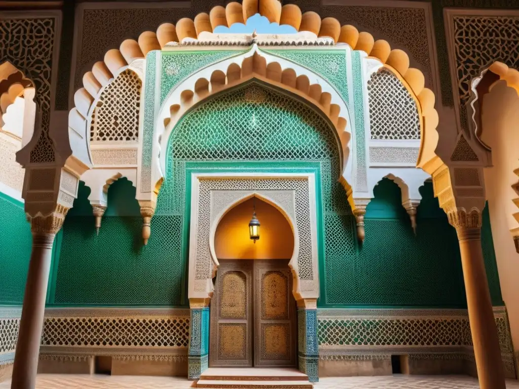 Detalle vibrante de la Madraza Bou Inania en Fez, corazón cultural Marruecos