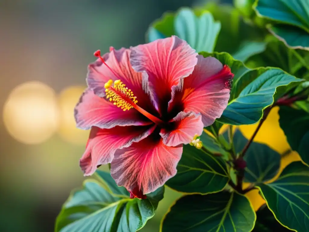 Detalle vibrante de un hibisco africano floreciendo bajo el sol, resaltando sus pétalos en tonos rojos y fucsias, con estambres dorados como hilos