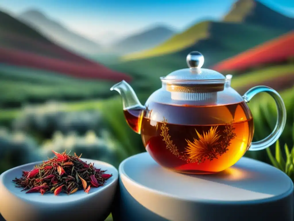 Detalle vibrante de hojas de té rooibos rojo infusionando en una tetera de vidrio, con vapor ascendente