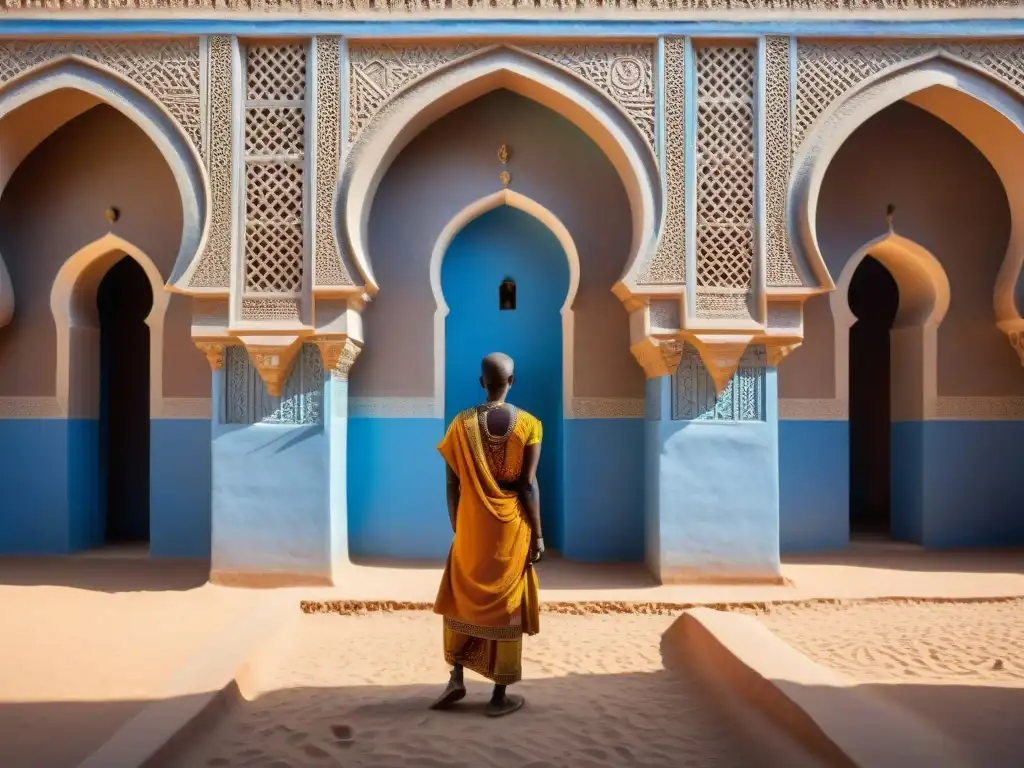 Detalle vibrante de una mezquita de barro africana, reflejando los principios constructivos arquitectura africana