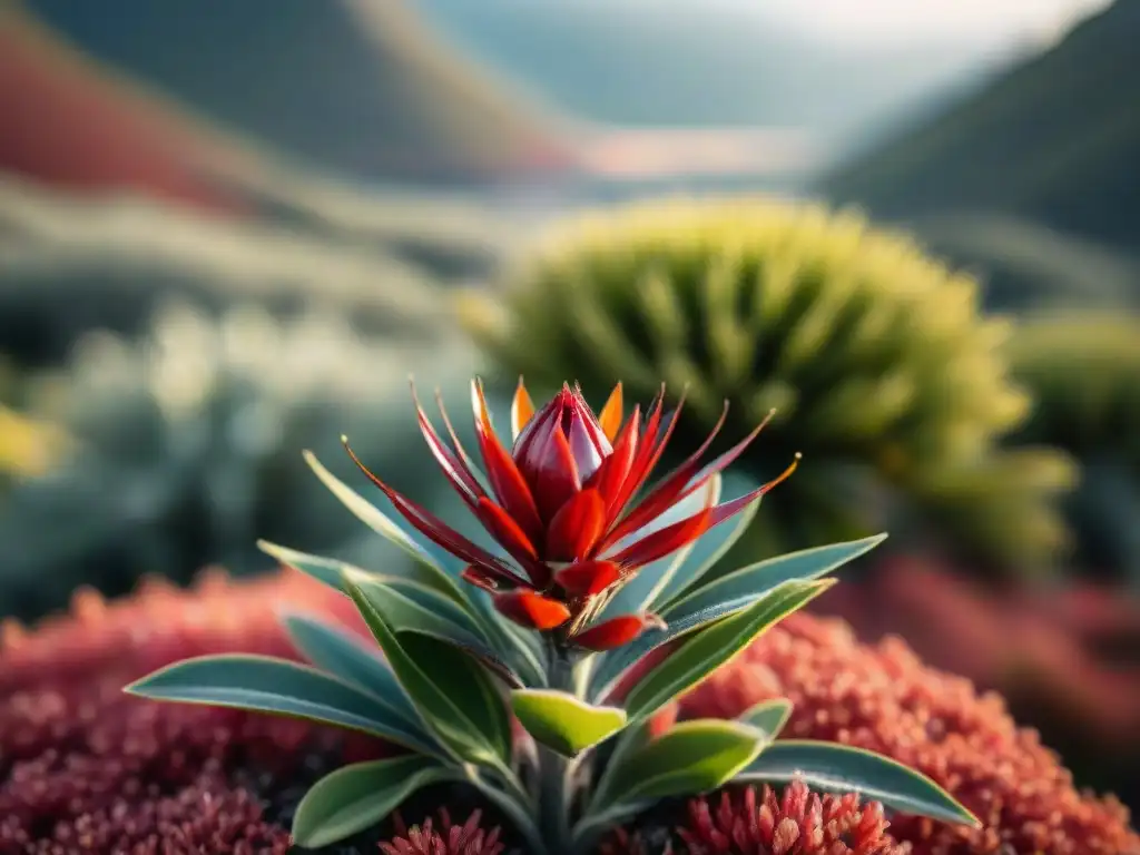 Detalle vibrante de una planta de Rooibos en su hábitat natural en Sudáfrica, resaltando sus hojas rojas