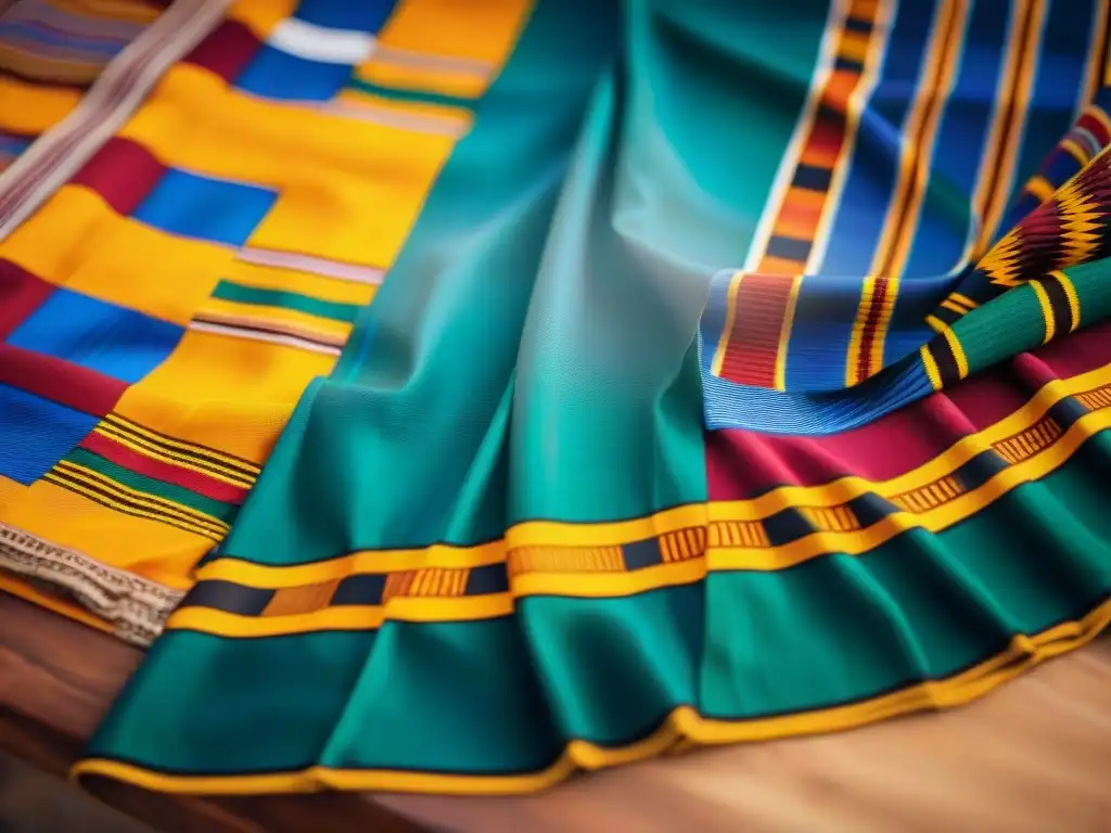 Detalle vibrante del tejido Kente usado por la realeza Ashanti en Ghana, destacando su artesanía y colores