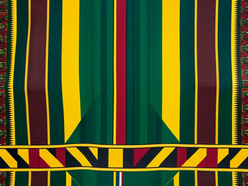 Detalle vibrante de un tejido Kente de Ghana en rojo, oro, verde y negro