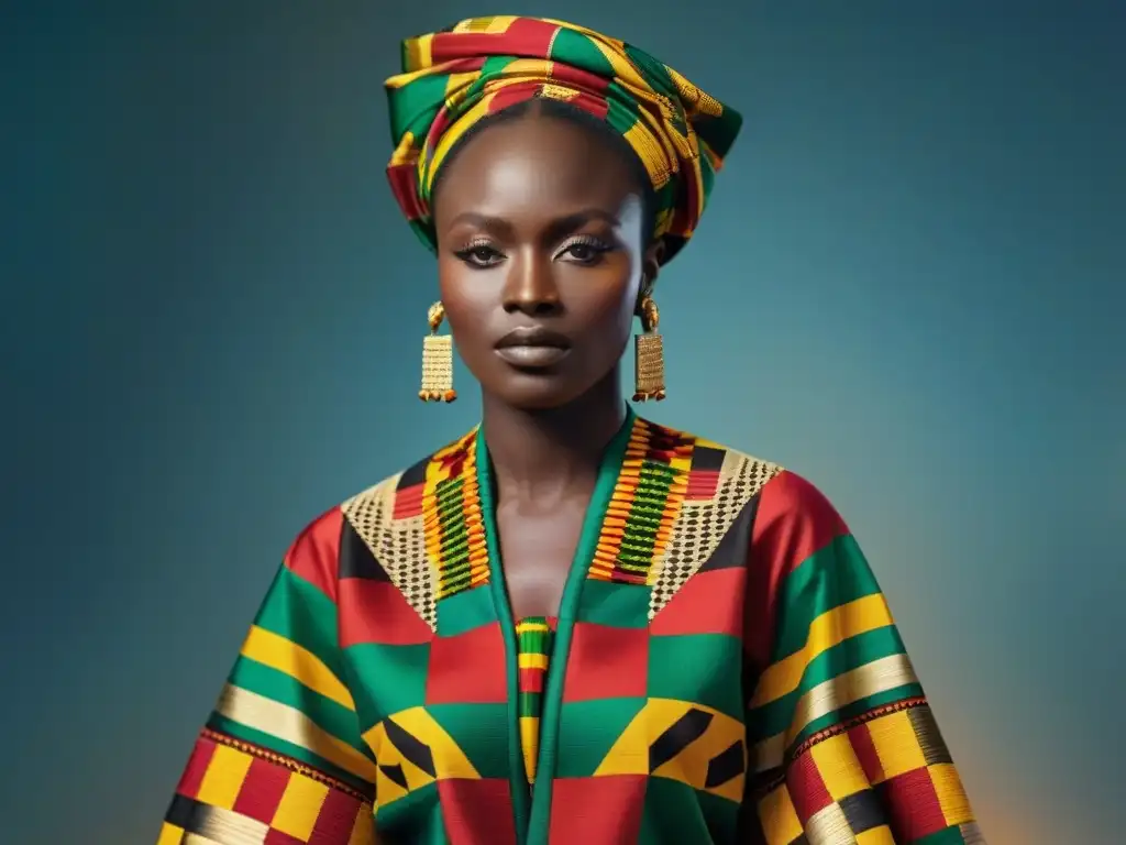 Detalle vibrante de un tejido Kente africano en rojo, oro y verde, manifestando la tradición e innovación en la moda diáspora africana