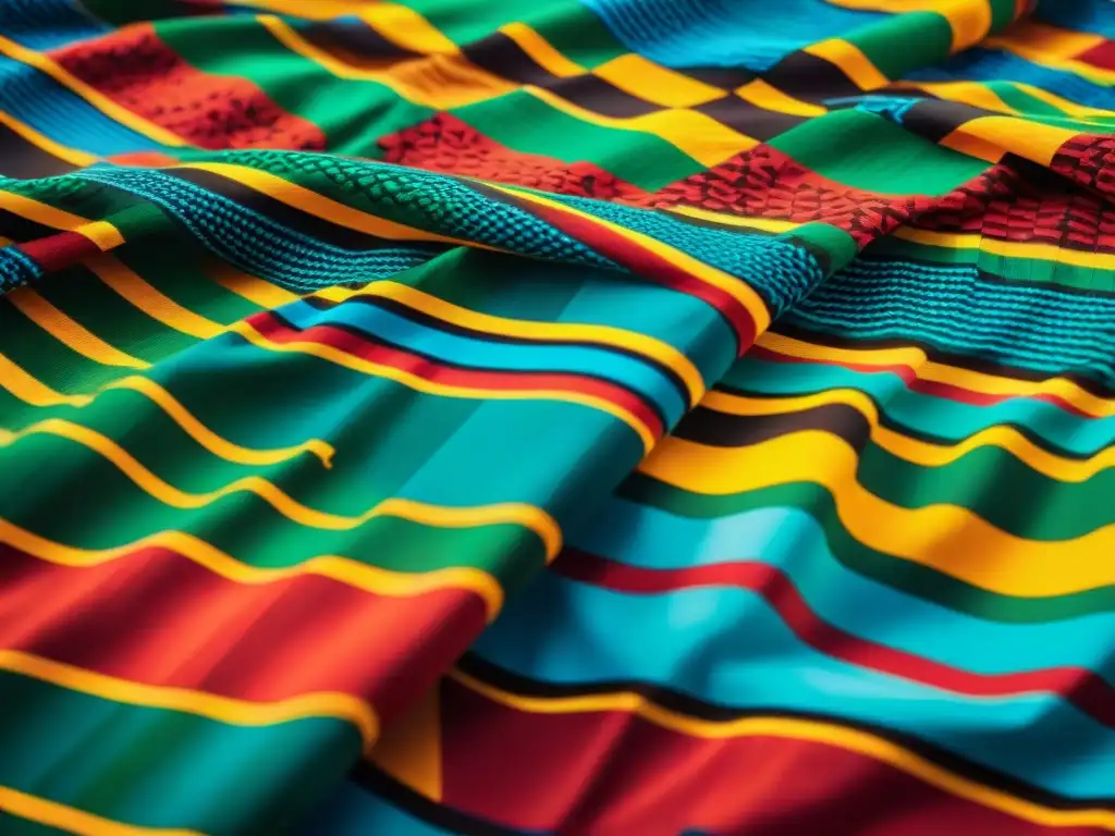 Detalle vibrante del tejido Kente africano, destacando sus colores y patrones geométricos