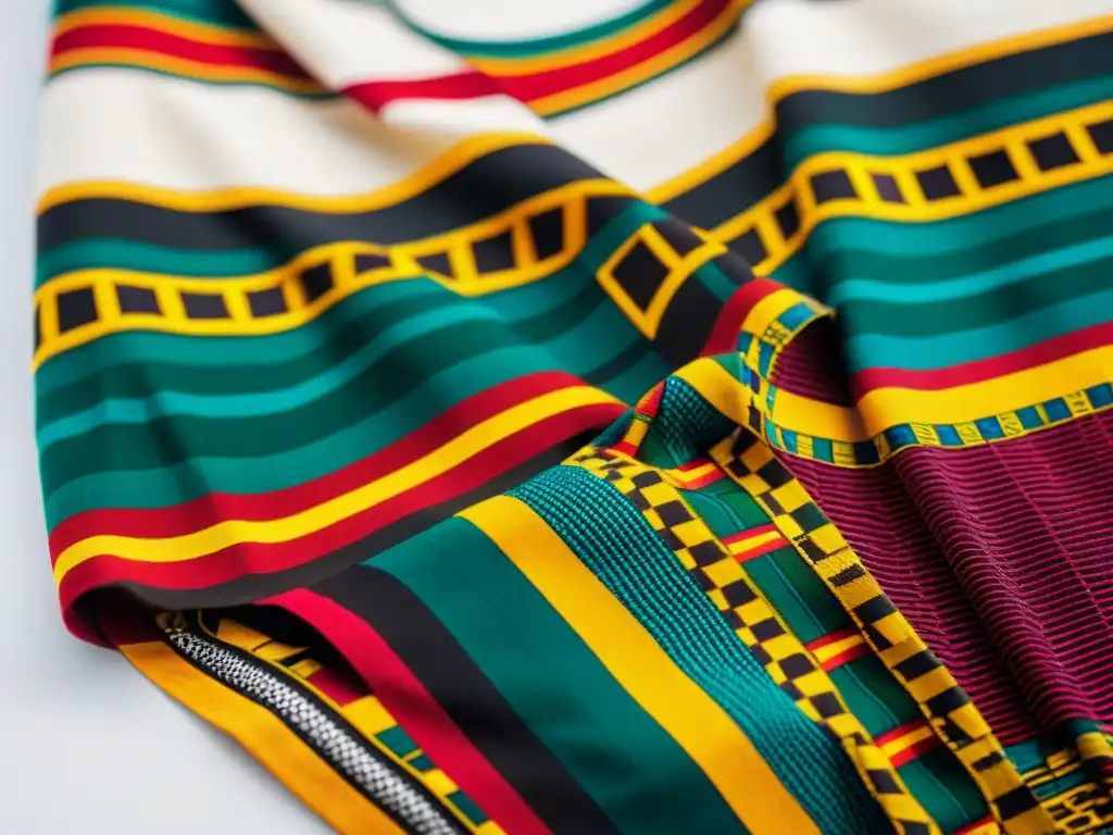 Detalle vibrante del tejido Kente de Ghana, con patrones geométricos y colores brillantes