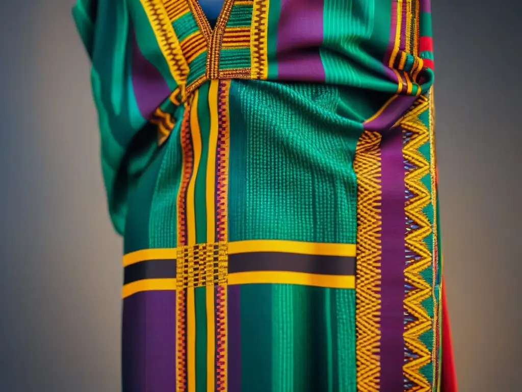 Detalle de una vibrante tela Kente, destacando sus patrones de tejido y colores, simbolizando la moda africana precolonial y su significado cultural