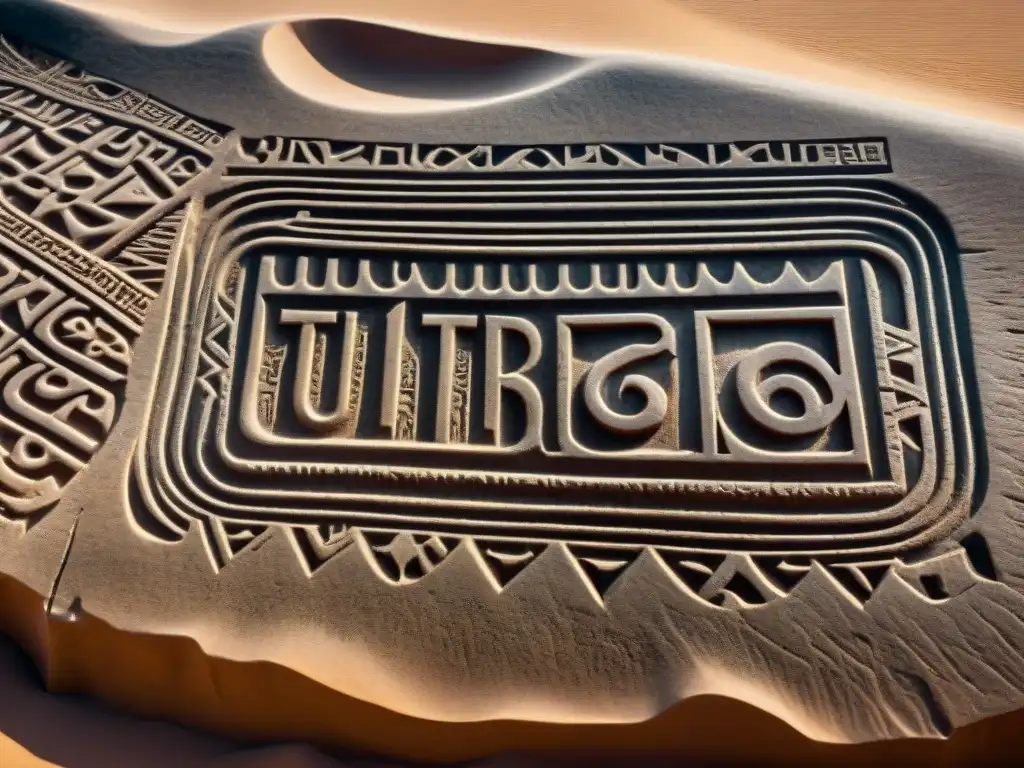 Detalles del alfabeto Tifinagh en piedra desgastada bajo el sol del desierto