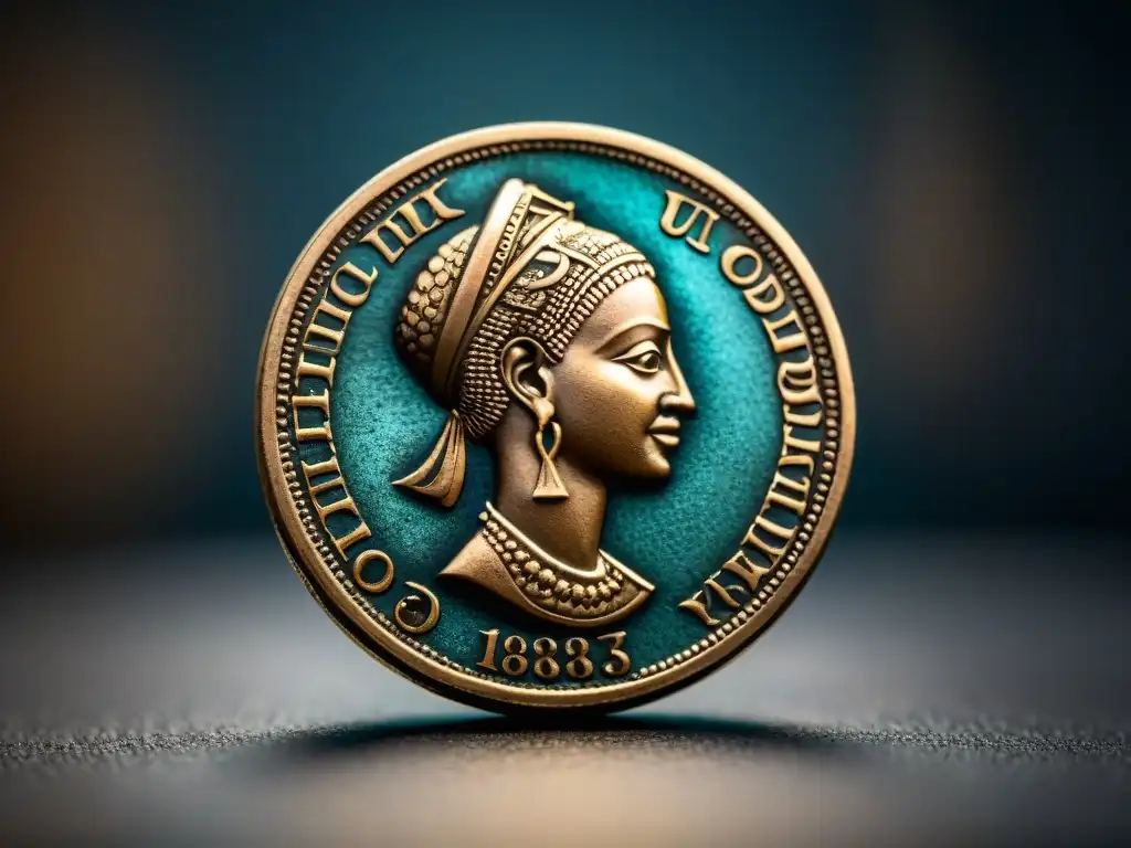 Detalles de una antigua moneda africana con símbolos tradicionales e figuras históricas, desgaste y pátina, sobre fondo de terciopelo oscuro