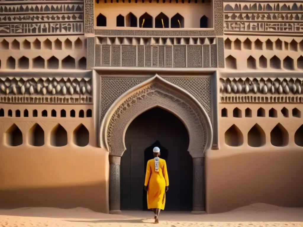 Detalles arquitectónicos de la Gran Mezquita de Djenné al atardecer, resaltando la conservación arquitectura precolonial África