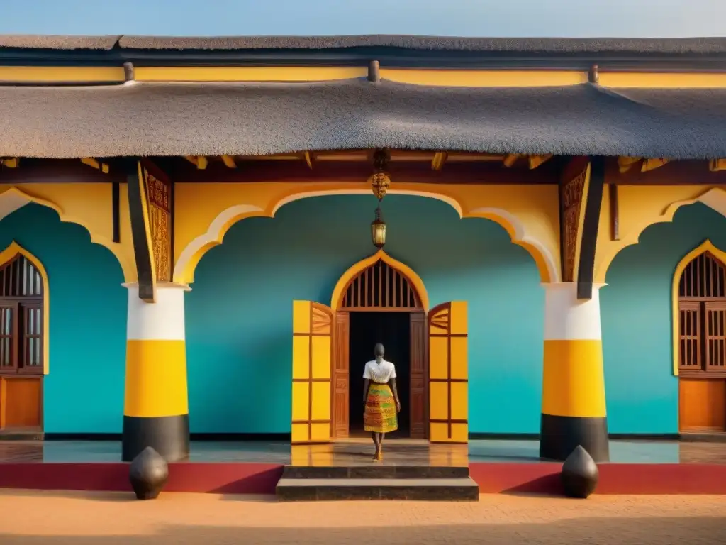 Detalles arquitectónicos del palacio real Asante en Kumasi, Ghana, bajo la luz dorada del atardecer