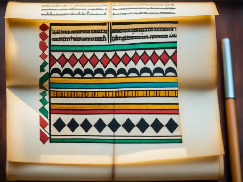 Detalles coloridos de un antiguo manuscrito etíope en pergamino, resaltando la cultura e historia de África