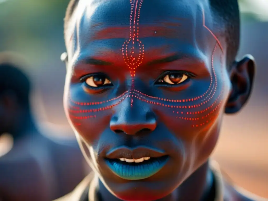 Detalles escarificados en rostro de miembro de la tribu Dinka en Sudán del Sur, reflejando práctica escarificado África identidad tradición