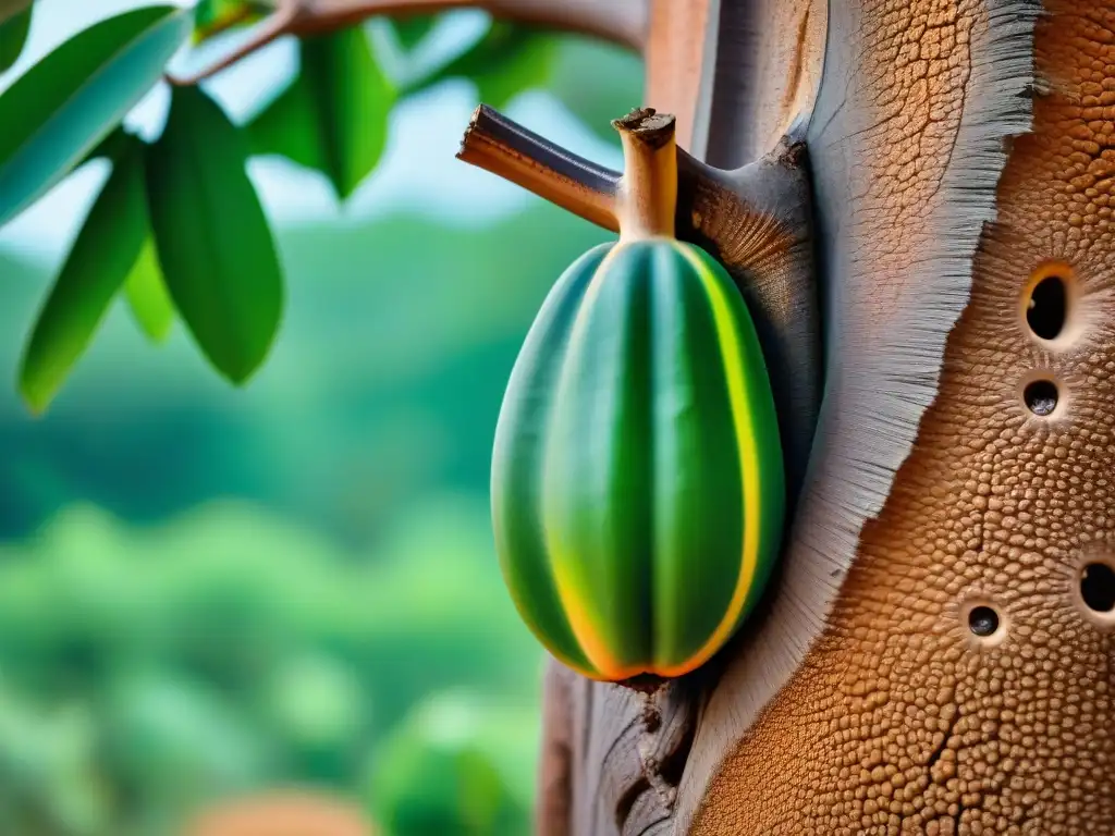 Detalles del fruto de Baobab colgando de un árbol, resaltando su textura verde y forma única