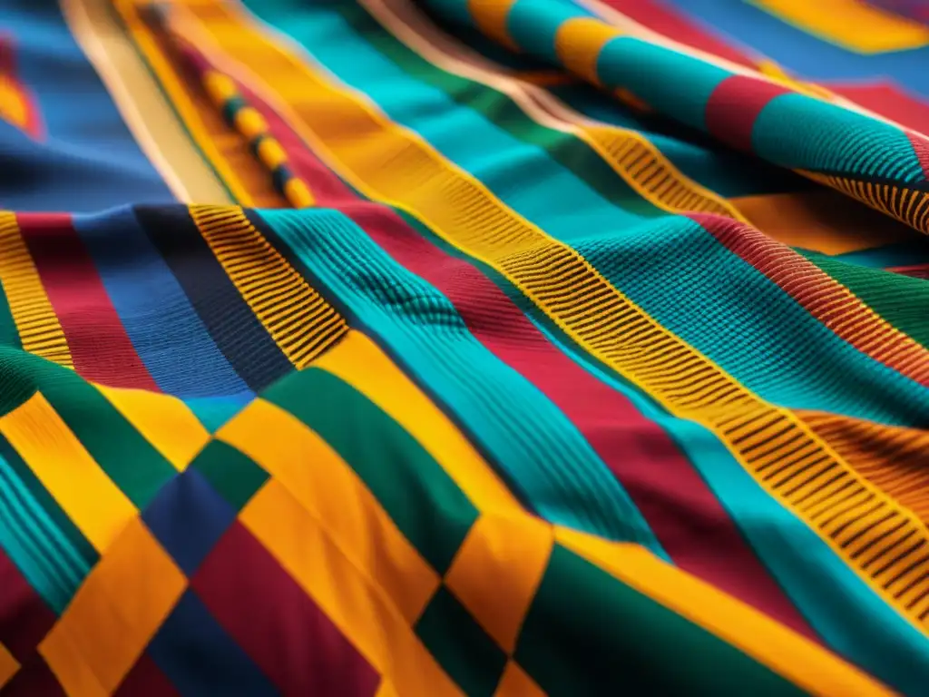 Detalles geométricos y colores vibrantes de un paño Kente de Ghana, reflejando el arte textil civilizaciones africanas