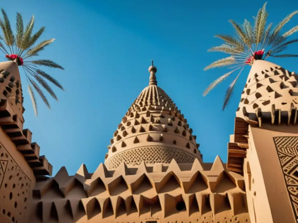 Detalles geométricos de la Gran Mezquita de Djenné en Mali, destacando su arquitectura sudanesa y minaretes sobre cielo azul