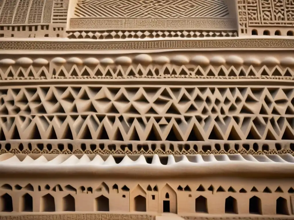 Detalles geométricos tallados en la Gran Mezquita de Djenné, Mali, fusionando arte y geometría en el arte africano