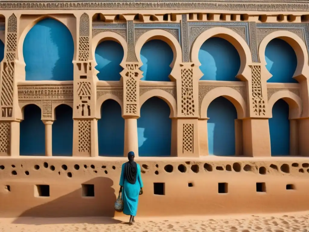 Detalles geométricos y vigas de madera en la Gran Mezquita de Djenné, destacando la compleja arquitectura defensiva palaciega del Sahel