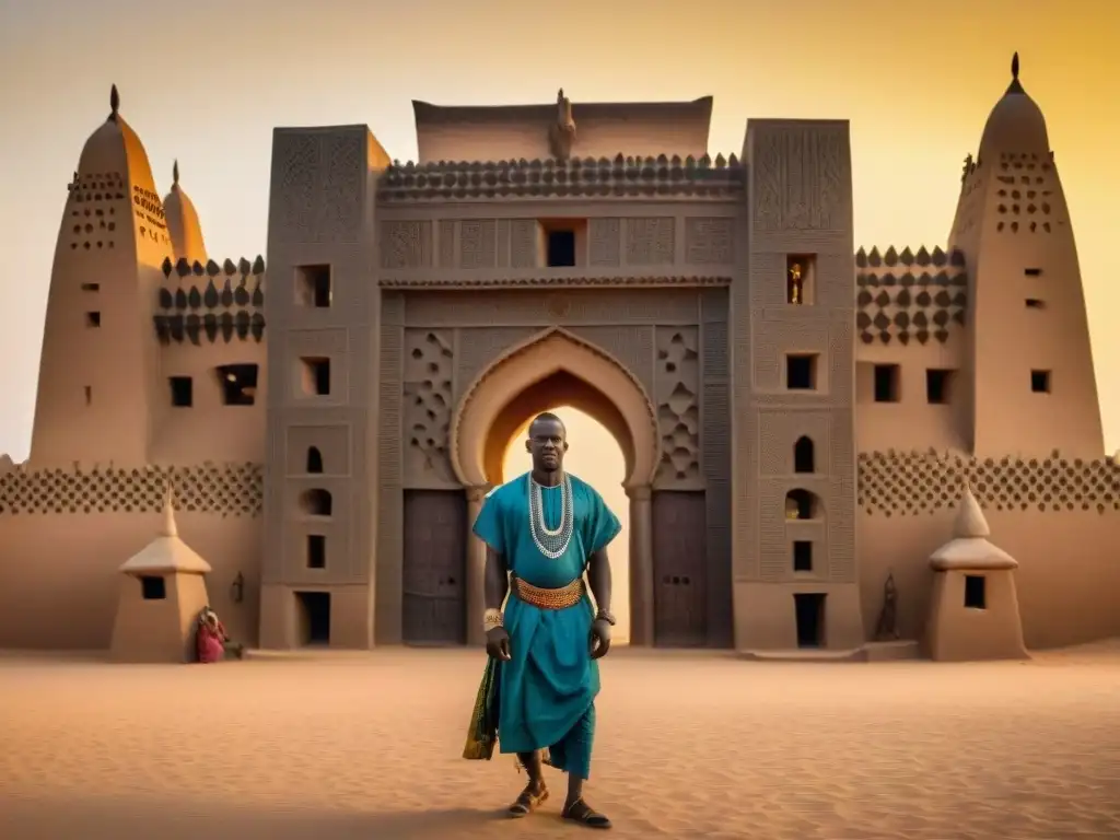 Detalles de la Gran Mezquita de Djenne al atardecer en el Sahel, fusionando estilos islámicos y africanos del Imperio de Ghana historia cultura