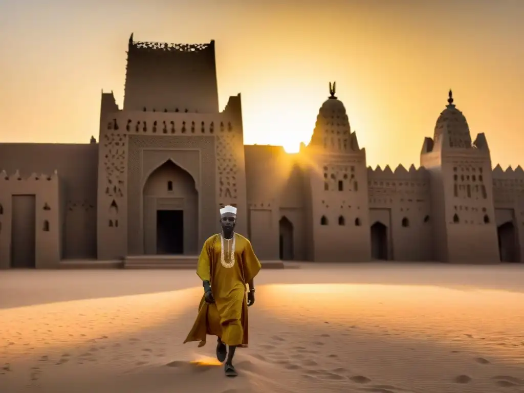 Detalles de la Gran Mezquita de Djenné al atardecer, reflejando la influencia de los Grandes Imperios Africanos en la diplomacia internacional