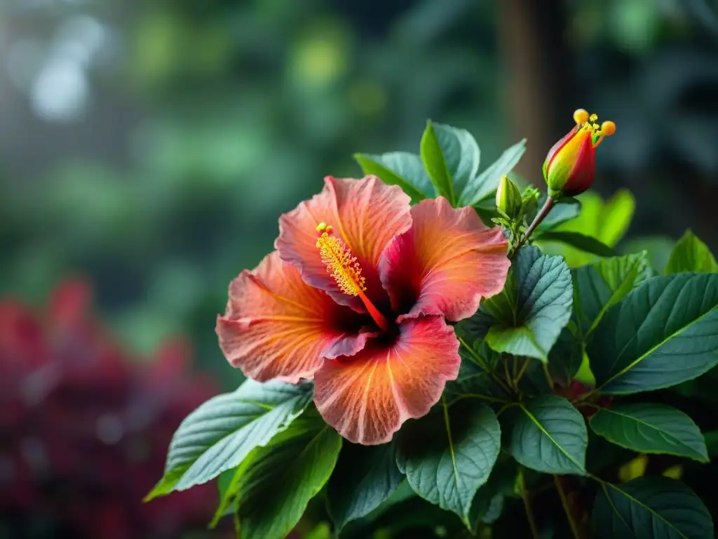 Detalles del hibisco africano en floración con pétalos rojos y estambres amarillos, resaltando su belleza natural y beneficios antioxidantes