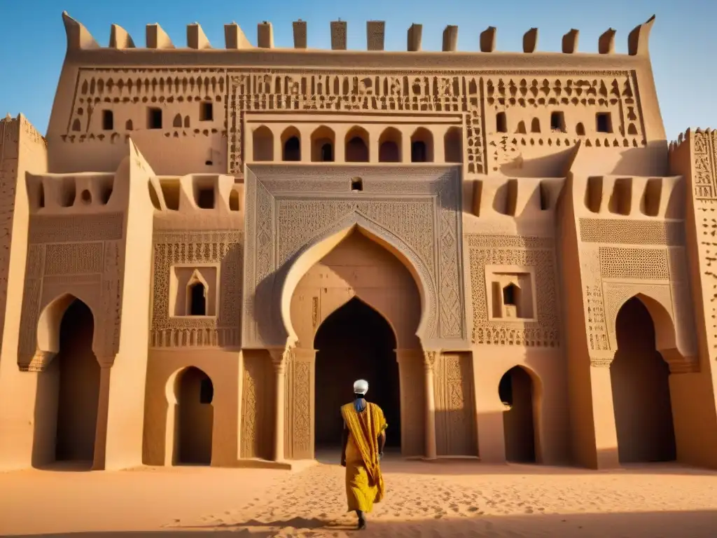 Detalles impresionantes de la Gran Mezquita de Djenné en Mali, construcción con piedra y barro Sahara bajo el cálido sol del desierto