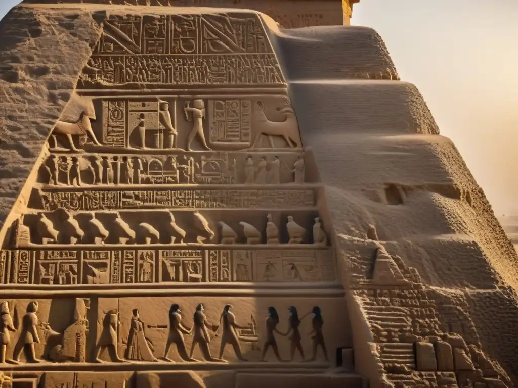 Detalles impresionantes de jeroglíficos esculpidos en la piedra de una pirámide en Sudán, reflejando la artesanía del reino de Kush