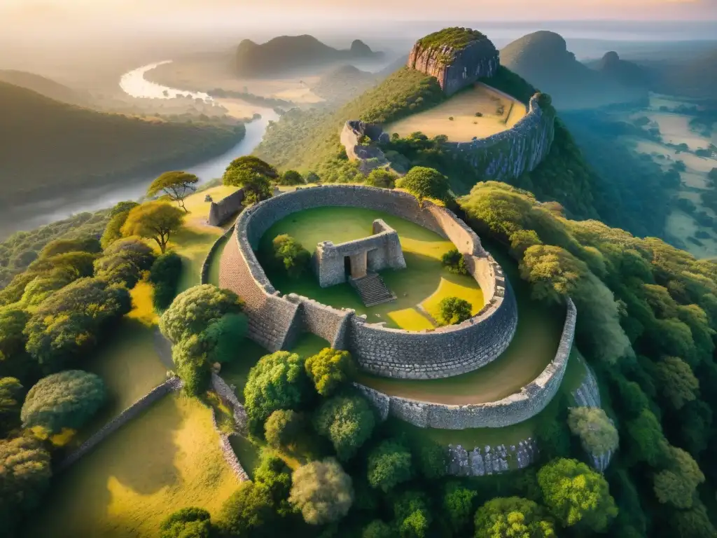 Detalles impresionantes de las murallas antiguas de Great Zimbabwe al atardecer, destacando la ingeniería de civilizaciones africanas