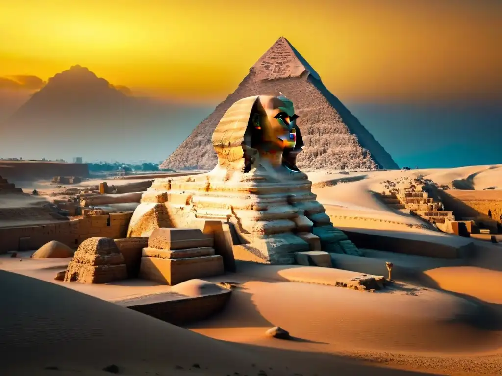 Detalles intrincados de la Esfinge de Giza al atardecer, con las pirámides de fondo