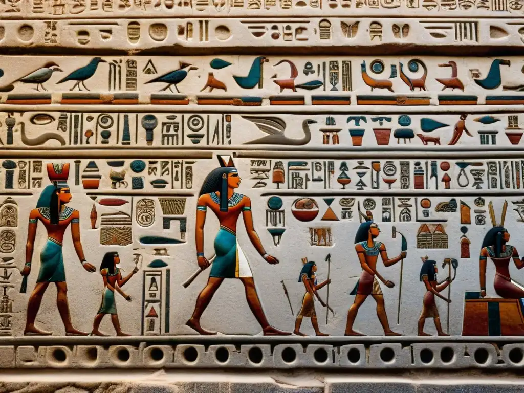 Detalles intrincados de jeroglíficos egipcios en piedra desgastada