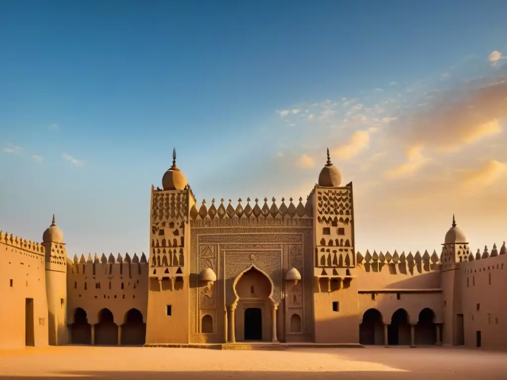 Detalles intrincados y patrones geométricos de la Gran Mezquita de Djenné en Mali, bajo la luz africana