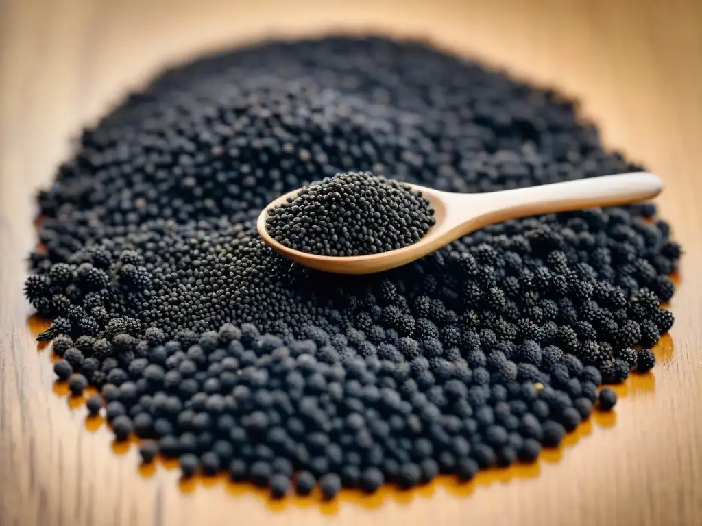 Detalles intrincados de Semillas de Nigella beneficios inmunológicos sobre madera rústica, iluminadas suavemente por la ventana