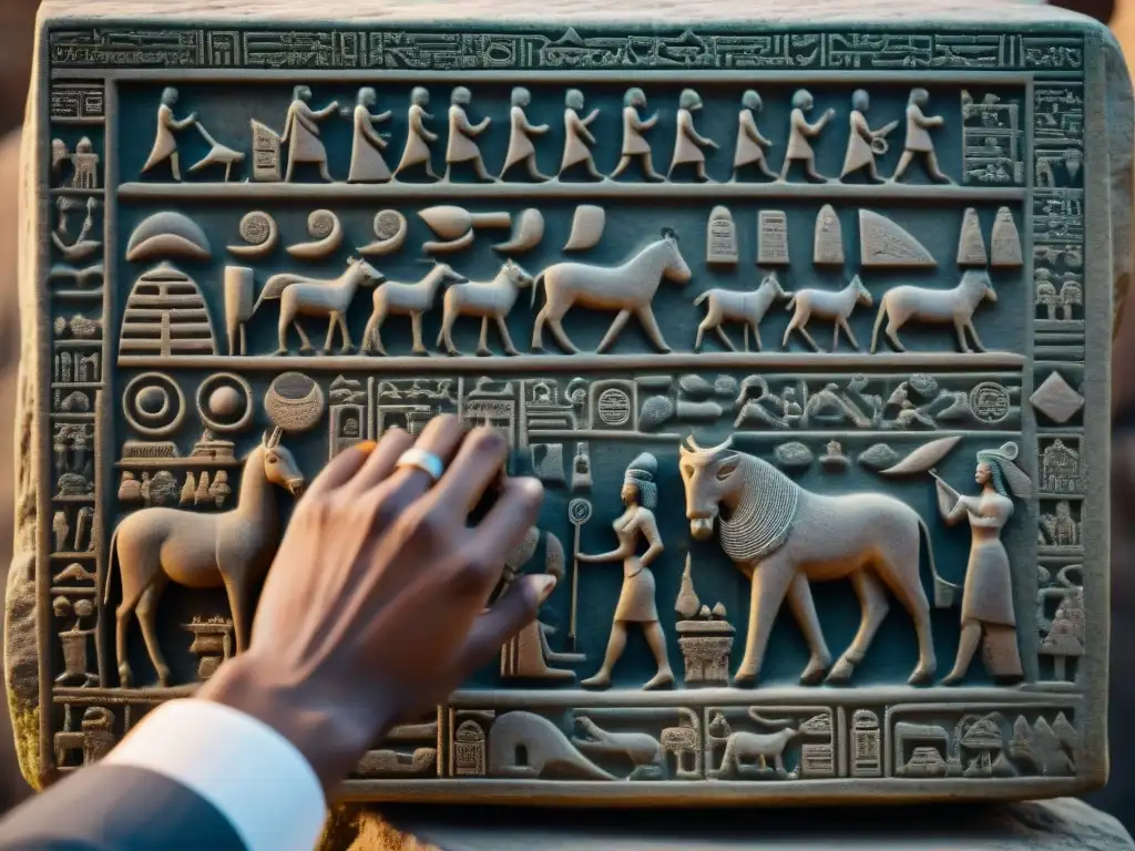 Detalles de jeroglíficos antiguos en piedra de reinos africanos