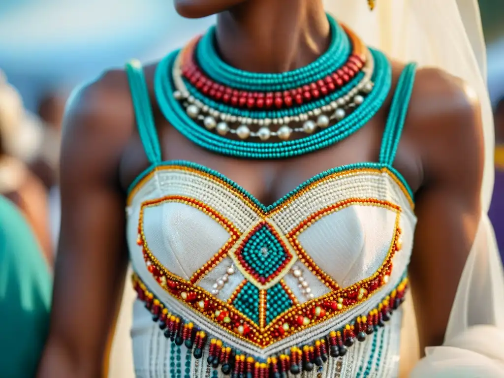 Detalles de la moda nupcial africana: novia con vestido tradicional, bordados y colores vibrantes, influencia moda nupcial africana