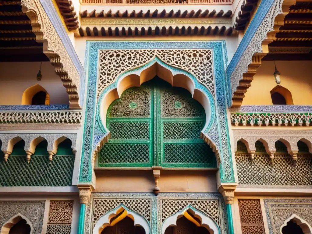 Detalles ornamentados de la Madrasa Bou Inania en Fez, Marruecos, bañados por el cálido sol de la tarde