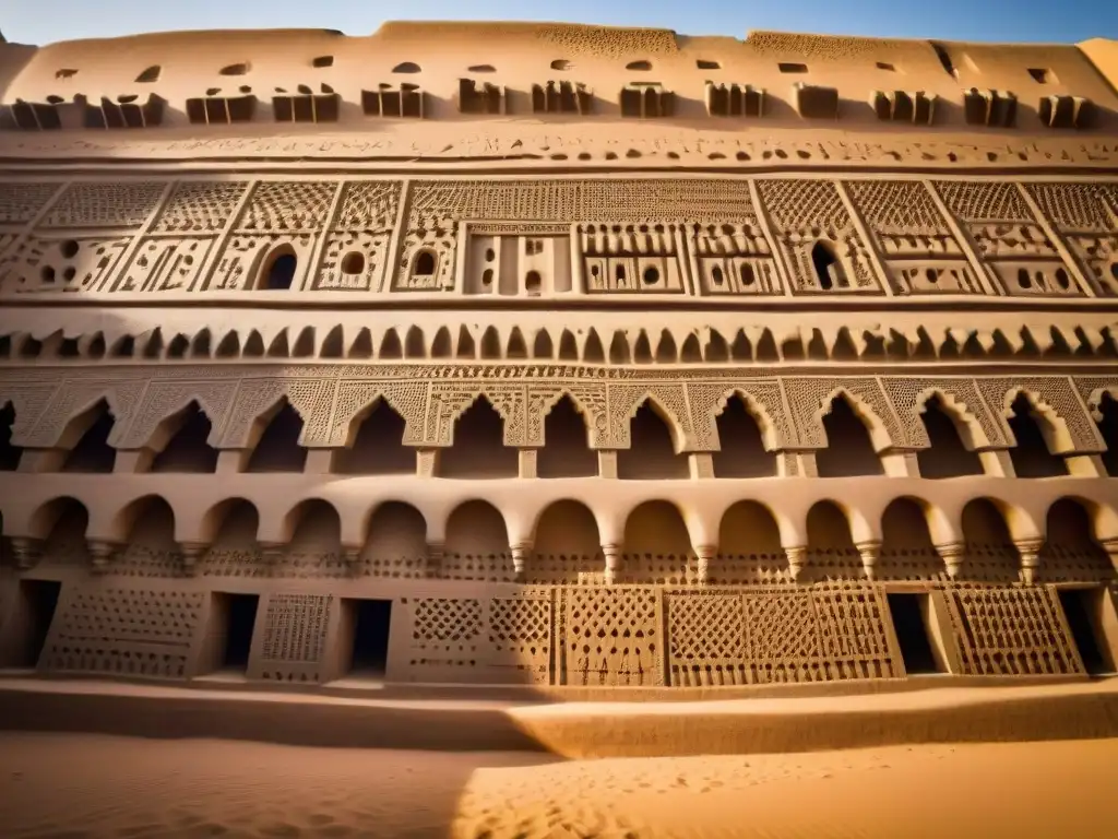 Detalles ornamentales en la Gran Mezquita de Djenné, resaltando la arquitectura en África Occidental