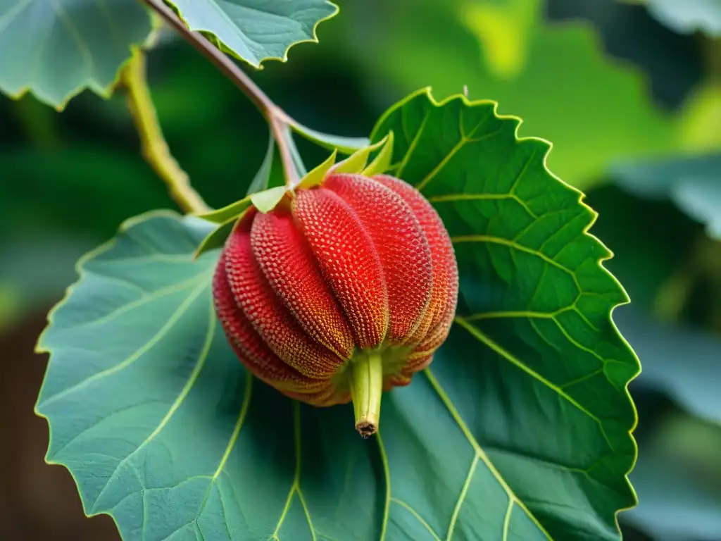 Detalles de la piel de una fruta madura de Kigelia africana con beneficios para la piel, rodeada de hojas verdes