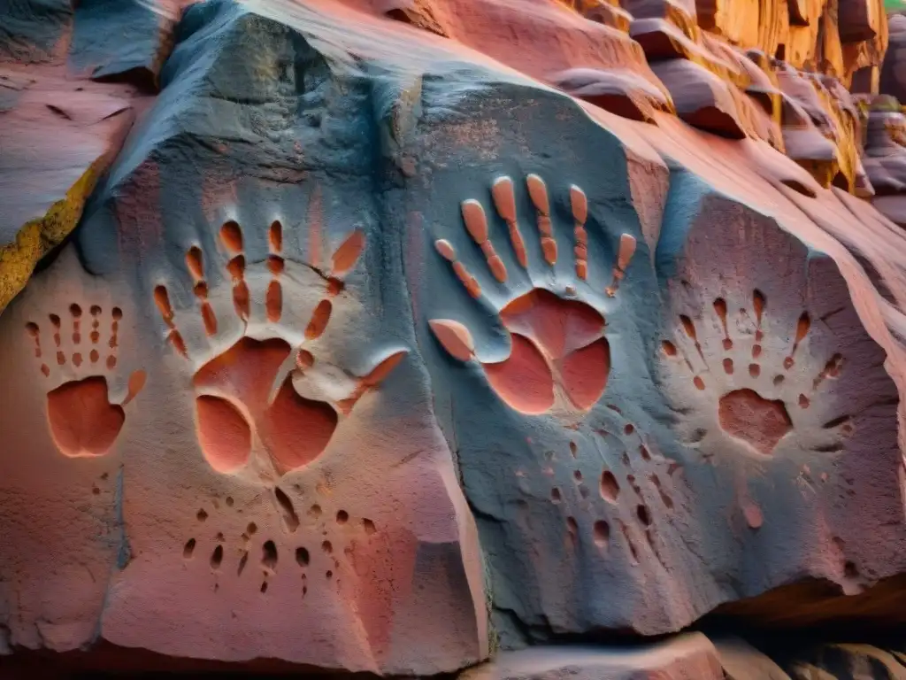 Detalles de pigmentos en arte rupestre africano: intrincadas huellas de manos rojas en cueva oscura