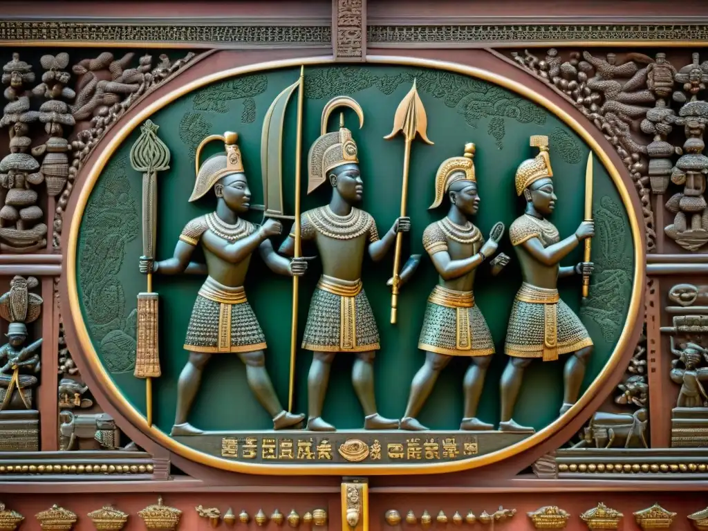 Detalles de placas de bronce del Palacio Real en Benin City, mostrando escenas de guerra del Arte Benín Imperio África