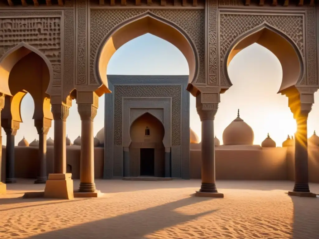 Detalles tallados resaltan al atardecer en la famosa Mezquita Sankore de Timbuktu, Centro de Aprendizaje Legendario