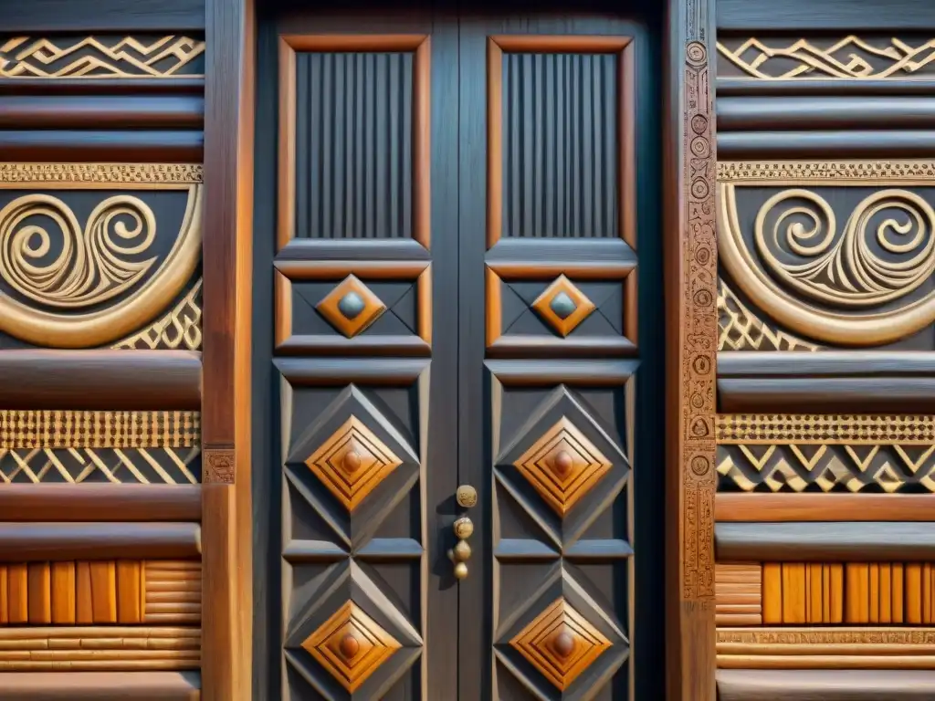 Detalles tallados en madera de puerta de choza africana, con patrones geométricos y motivos simbólicos