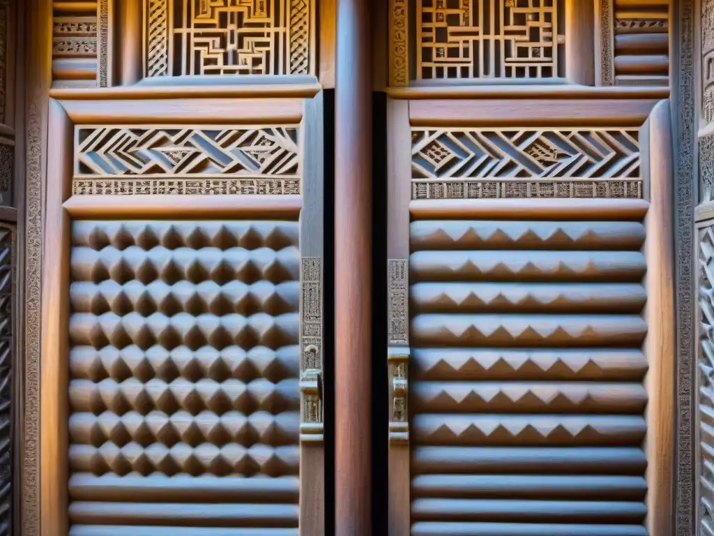 Detalles tallados en puertas de madera de la Gran Mezquita de Djenné en Mali, resaltando el simbolismo en arquitectura africana