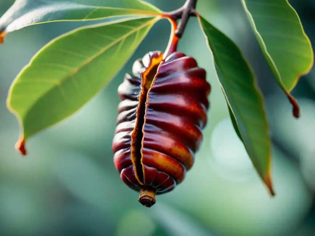 Detalles del tamarindo africano maduro colgando de una rama, resaltando su belleza natural y los beneficios saludables