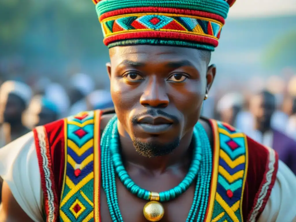 Detalles vibrantes y bordados de trajes tradicionales del festival OsunOsogbo en Nigeria, reflejando el calendario espiritual tradiciones africanas